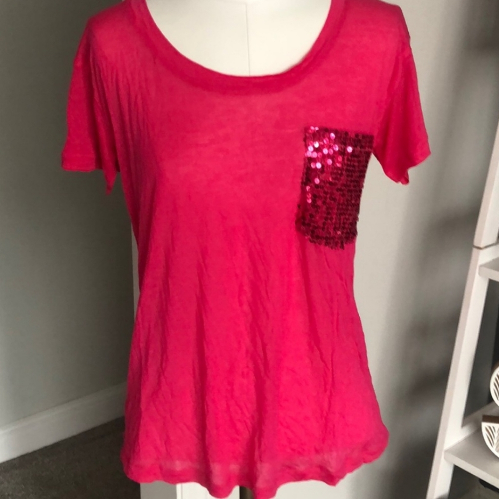 Express Short Sleeve Top With Sequin Pocket
